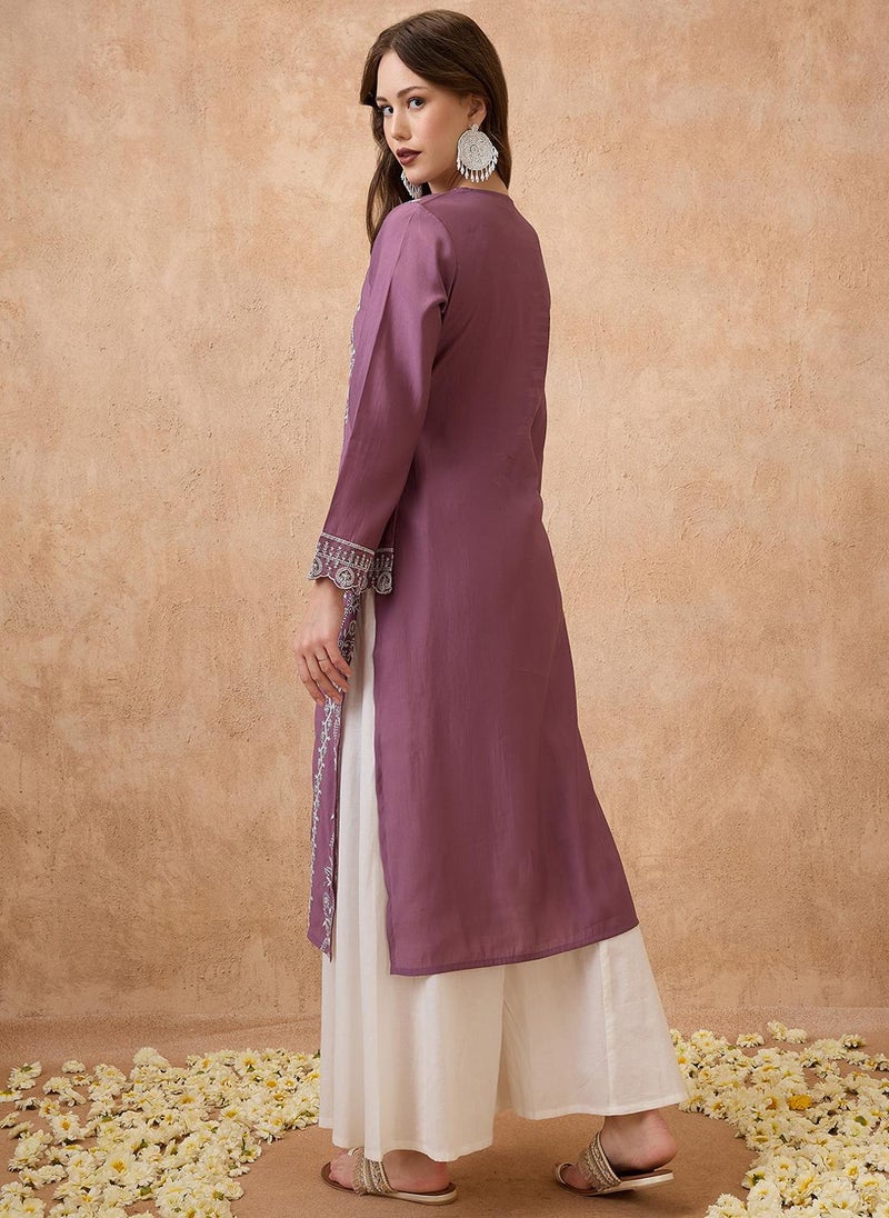 جلو باص كُرْتَا نسائي مطرز بالزهور بياقة على شكل حرف  وأكمام الجرس المضلعة مستقيمة للمناسبات - Image 4